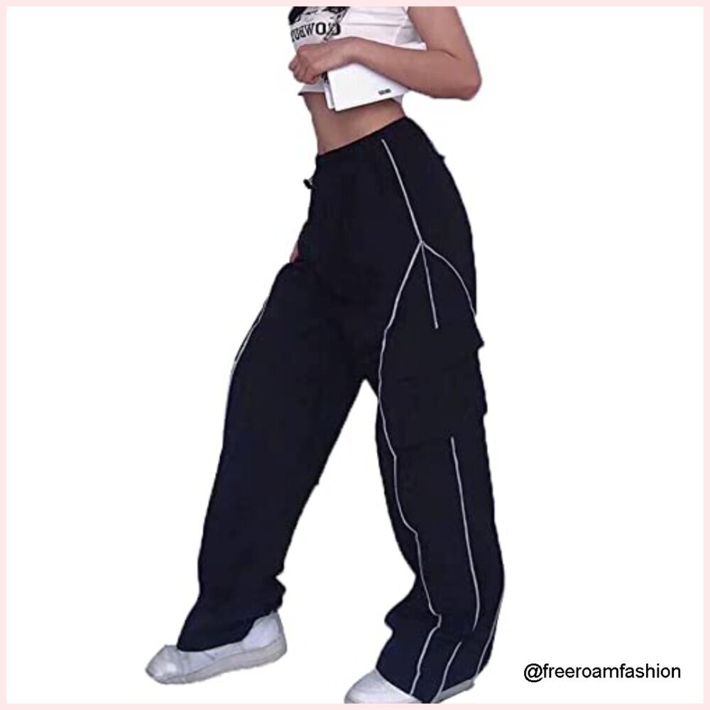 Y2K Parachute Track Pants Low Rise Baggy Wide Leg Cargo Pants - Picture 5 of 7